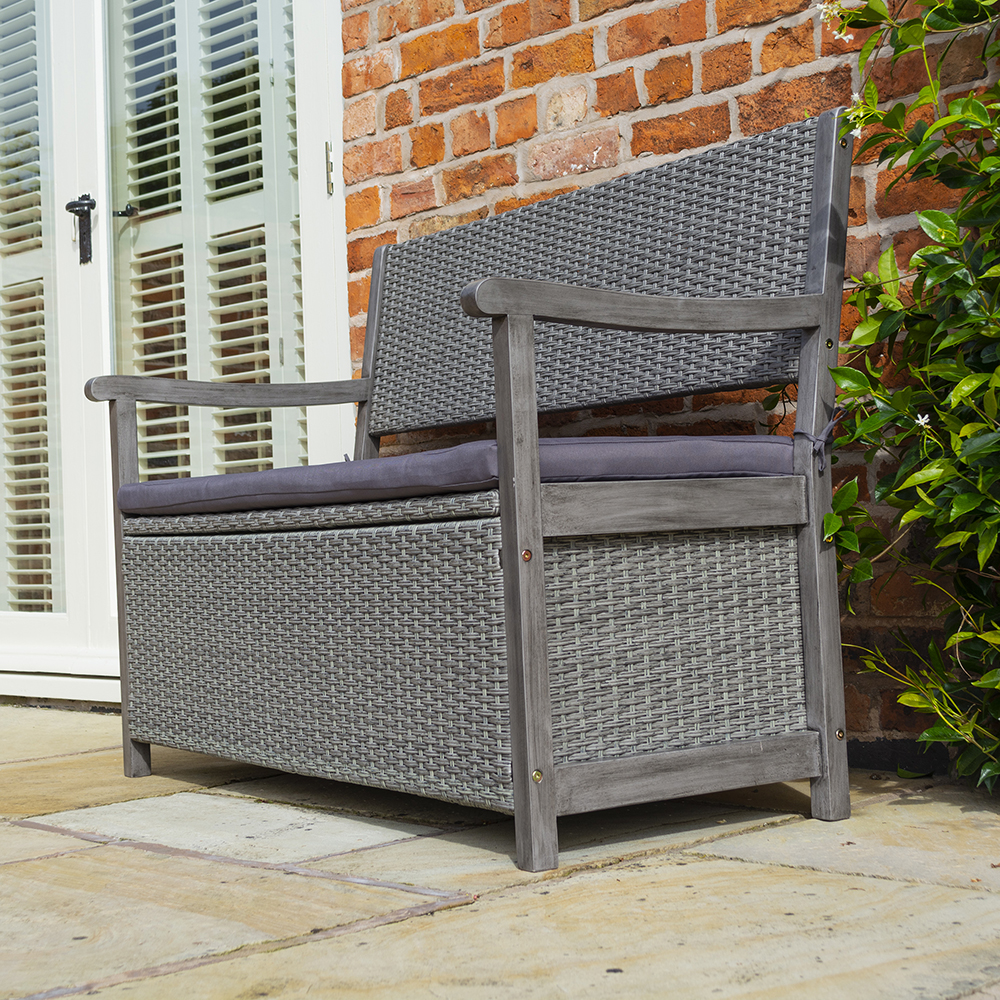 grey rattan storage bench outdoor