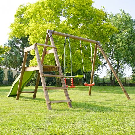 Menthe Double Wooden Swing Set with Slide