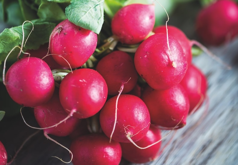 Bright red radish skins with a singular small white root coming out of them